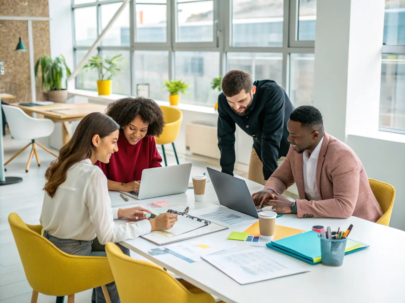 A diverse group of people collaborating in a modern office space, representing Apex Real Estate Advisors' commitment to teamwork and client satisfaction.